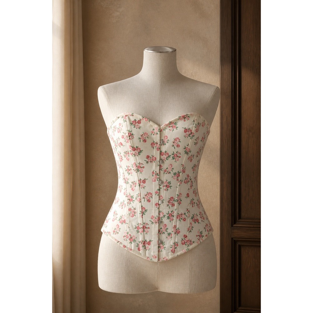 Adore Me Floral Corset Top Pink Rose Strapless Lace Up Back Cream Size L